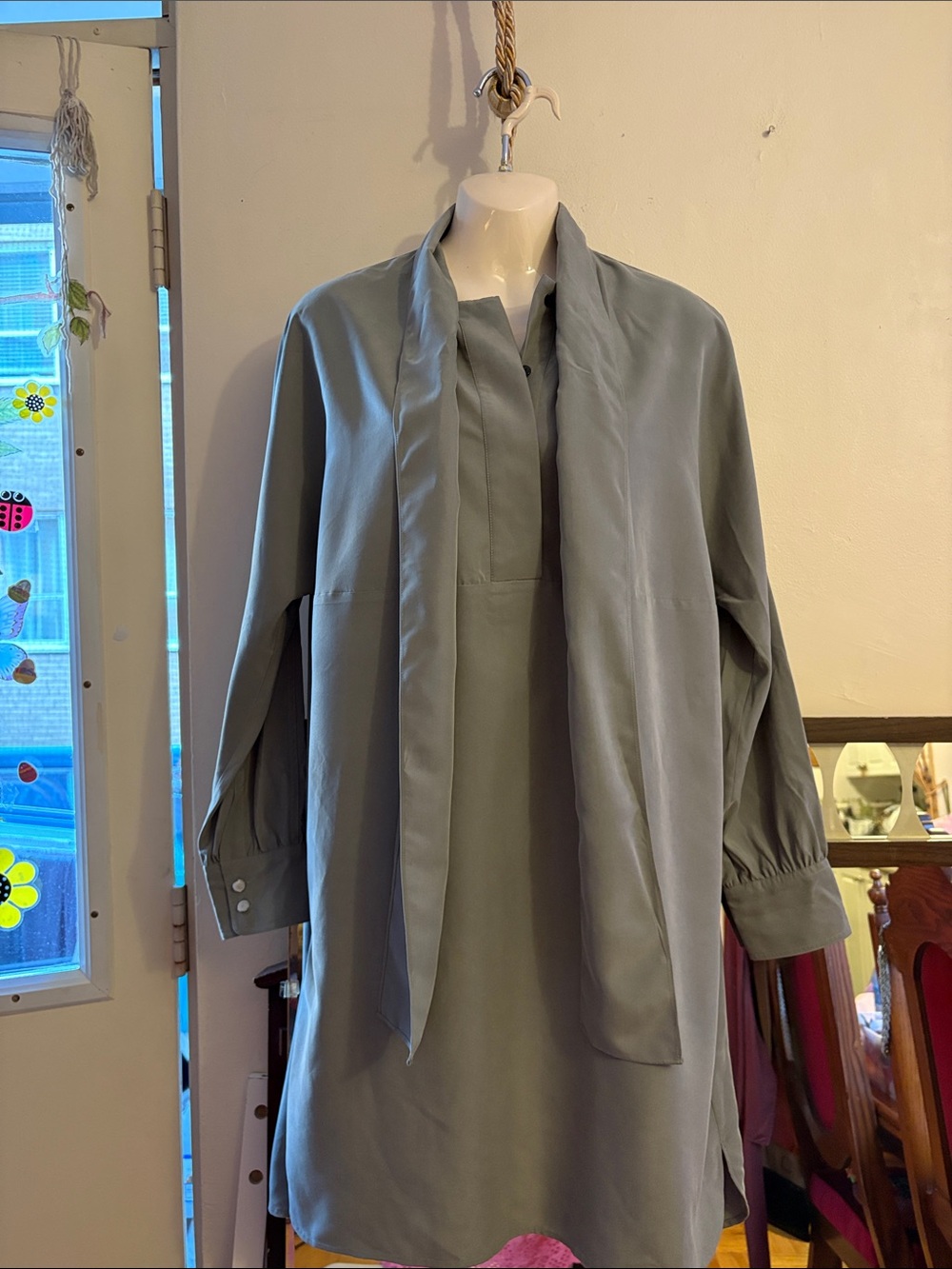 Club Monaco Slate Grey Tie-Neck Long Sleeve Mini Dress. Modal